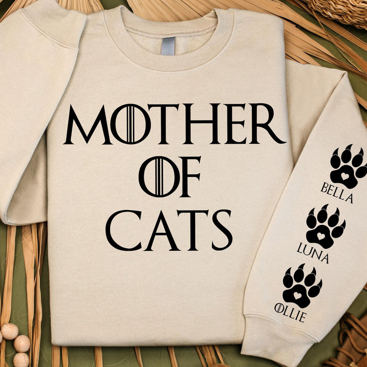 Sweat-shirt unisexe personnalisé « Mère de chats », avec noms de chats sur la manche