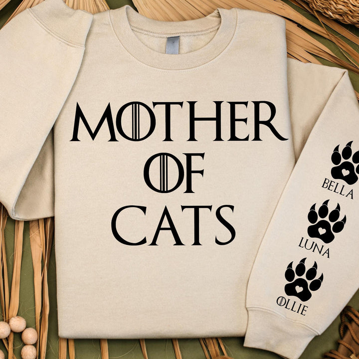 Sweat-shirt unisexe personnalisé « Mère de chats », avec noms de chats sur la manche