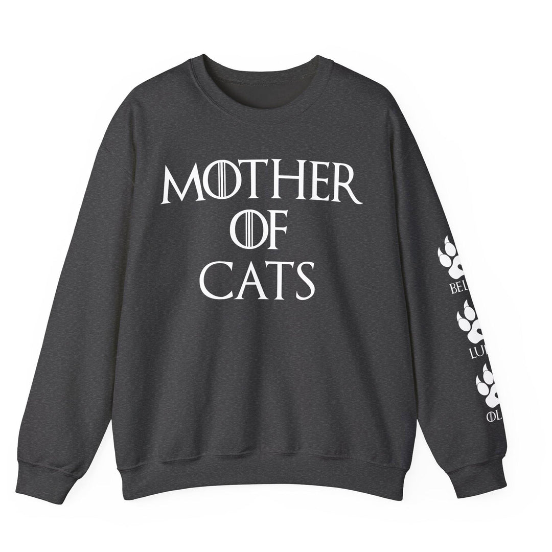 Sweat-shirt unisexe personnalisé « Mère de chats », avec noms de chats sur la manche