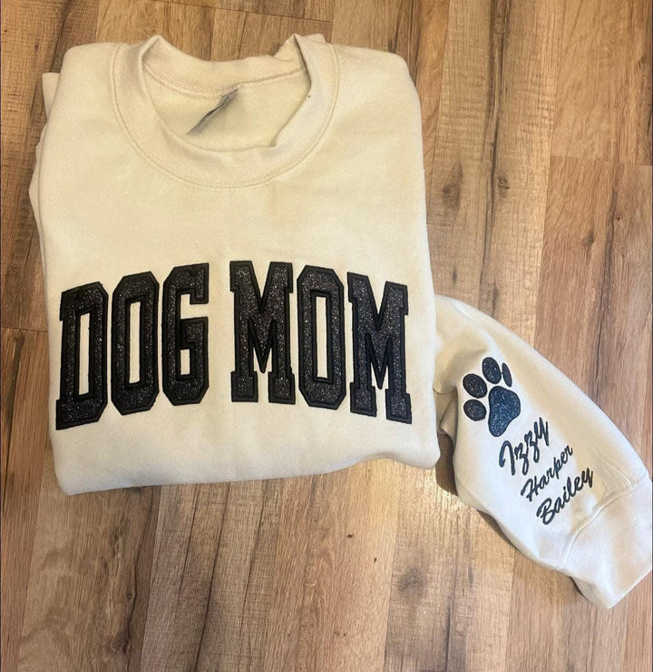 Dog Mom Glitter Applique Embroidered Sweatshirt
