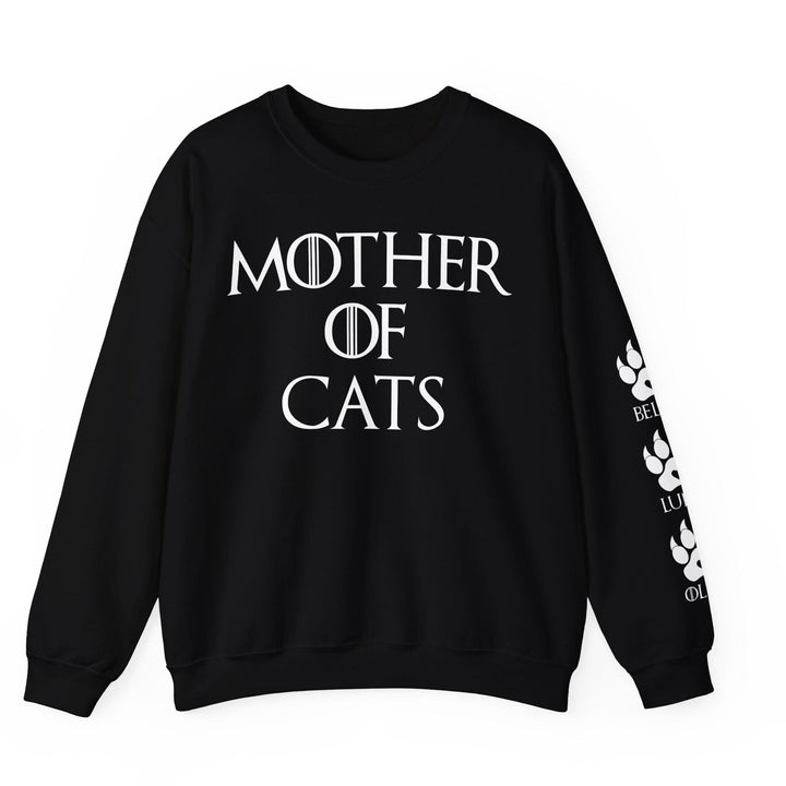 Sweat-shirt unisexe personnalisé « Mère de chats », avec noms de chats sur la manche